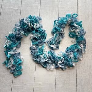 Handmade Ruffle Scarf In Shades Of Blue, Teal and White
